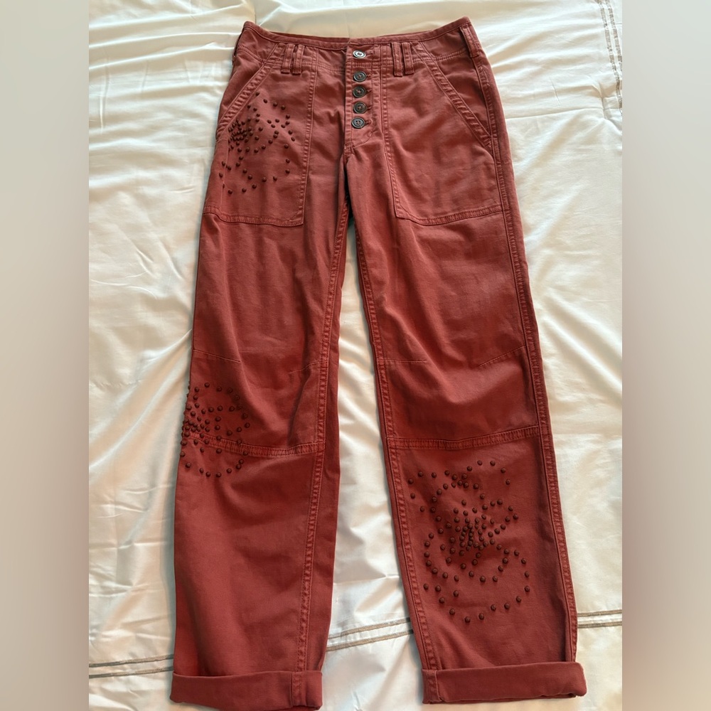 Anthropologie Brown Flare Wide Leg Jeans with Decorative Pattern